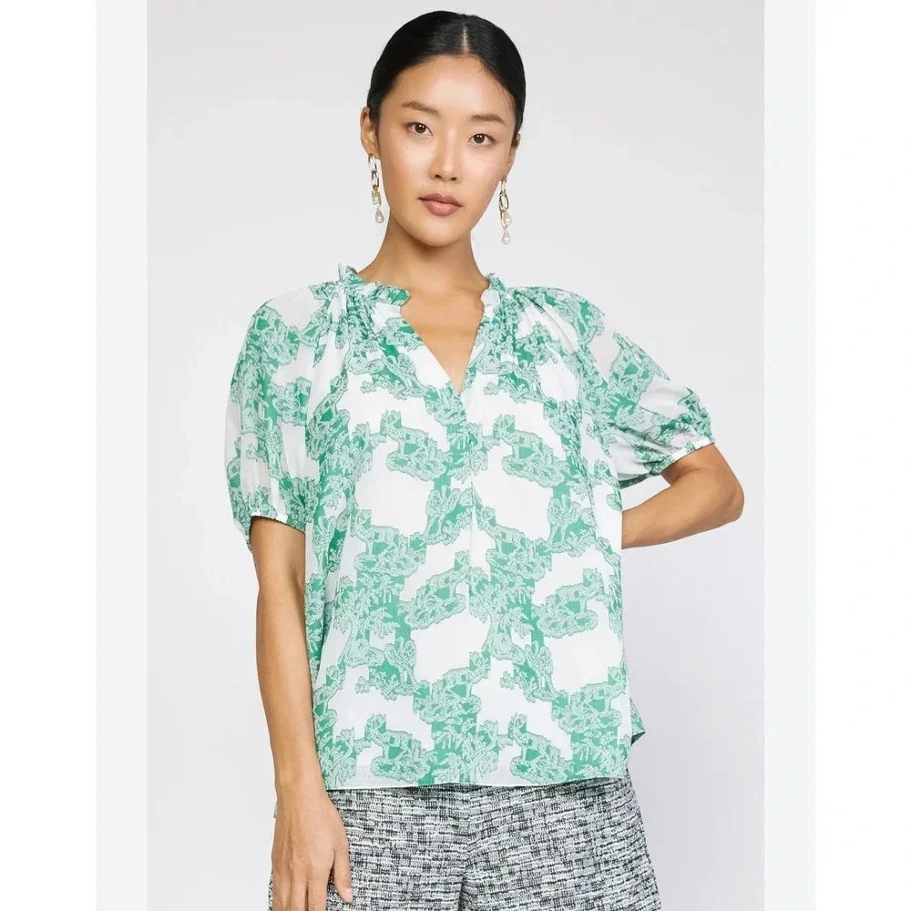 EUC Current Air Abstract Motif Floral Blouse - Ruffle V-Neck Top Shirt